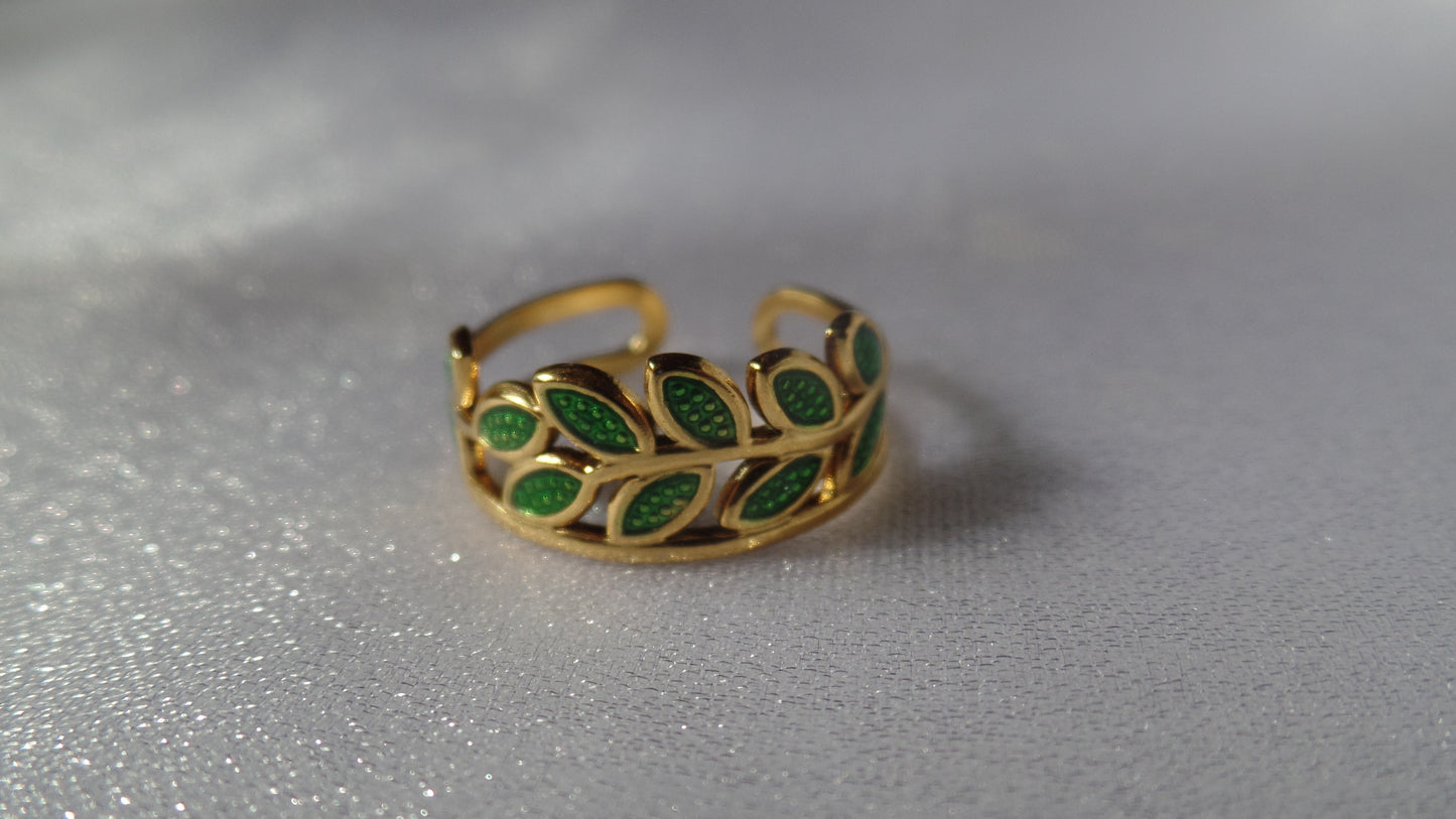 Green Enamel Leaf Ring | 18K Gold Plated |Adjustable Ring