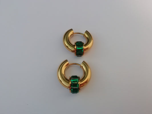 Emerald Hoop Charm Earrings | PVD 18K Gold | Stainless Steel