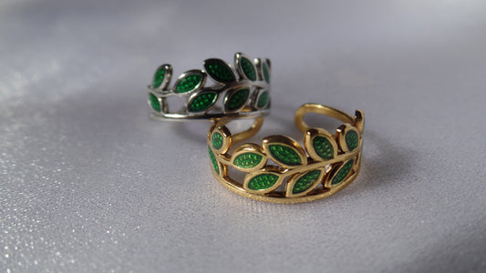 Green Enamel Leaf Ring | 18K Gold Plated |Adjustable Ring